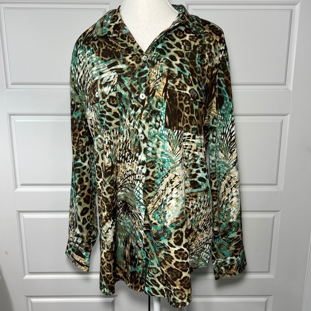 Chicos 2 Brown Animal Green Fern Safari Button Down Shirt Long Sleeve Top LG 10